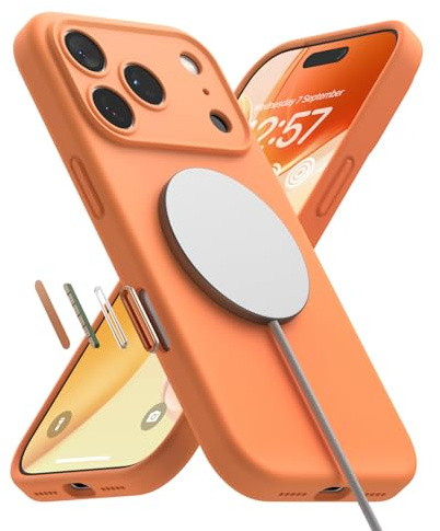 Ringke Silicone Magnetic for iPhone 17 Pro Max Case [Compatible with MagSafe] [Camera Control Button Covered] Soft Premium Liquid Silicone Cover with Full Coverage Camera Protection - Tangerine