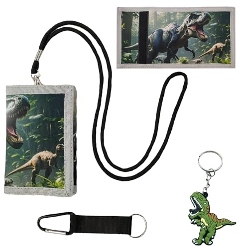 DINGFENG Cartera Infantil Dinosaurio Niños para Monedero con Correa | DINGFENG para con Ajustable y Llavero, Portamonedas Triple Plegable para Colegio Viajes, Ajustable e Llavero e Portamonedas