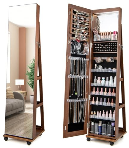 GOPLUS Espejo Joyero de Pie con Espejo de Cuerpo Entero, Armario para Joyas con Cerradura, Luces LED de 3 Colores, Almacenamiento de Joyas con Ruedas Universales, Organizador de Joyas (Marrón)