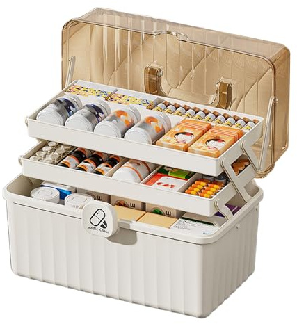 3 Layer Home Medicine Box Organizer, Medicine Storage Boxs With Cover And Carry Handle, Large Capacity First Aid Box Empty, Portable Lockable Folding Case, Multi-Functional For Home, School, Travel