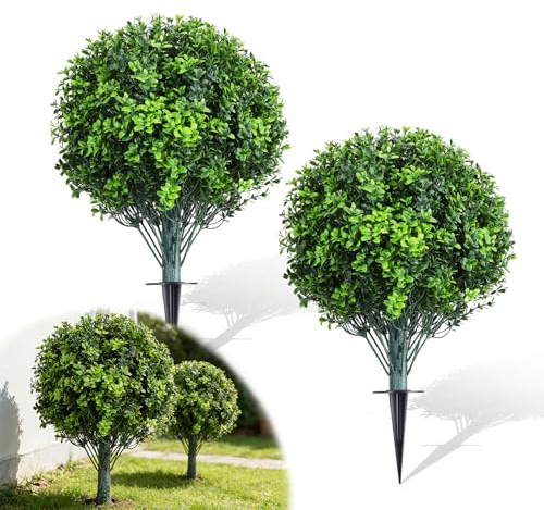 2 Pcs Artificial Boxwood Topiary Ball Trees UV Fade Protected Lifelike Weatherproof Fake Shrubs with Ground Spike Evergreen Artificial Plants Outdoor Indoor Front Porch Garden Balcony Home Office