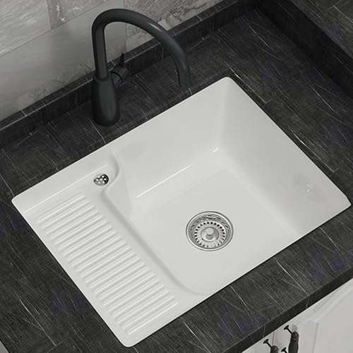 Lavabo Baño Pila Lavadero Lavabo con Tabla de Lavar Rectangular Bajo Encimera de Baño de Cerámica con Grifo de Codo y Orificio de Desbordamiento(440x420x180mm/17.3x16.5x7.1in)