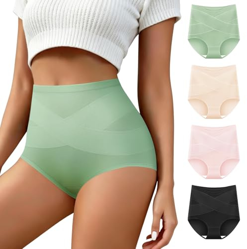 QUASTI 4 Pack Women's High Waisted Underwear Stretch Tummy Control Cotton Panties Full Coverage Soft Postpartum Briefs, 4Colors
