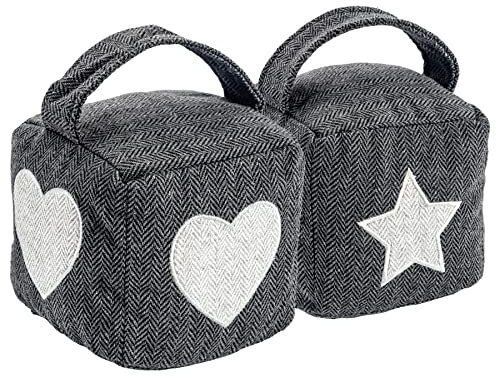 Nicola Spring Mismatched Herringbone Door Stop Set - Decorative Interior Doorstop - 16 x 16cm - Star/Heart - Pack of 2