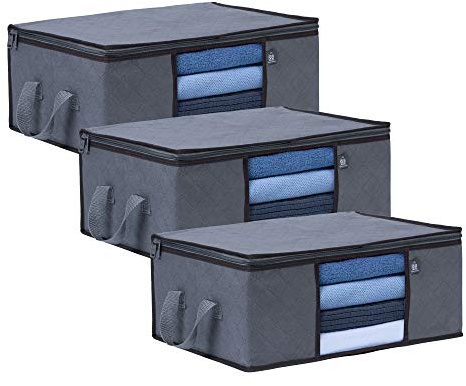 VENO 3 Pezzi 36 L Scatole per vestiti, Scatole per armadio con Manico, pieghevole scatoloni per trasloco contenitori sottoletto per piumoni, coperte, biancheria da letto (Grigio - 36 litri)