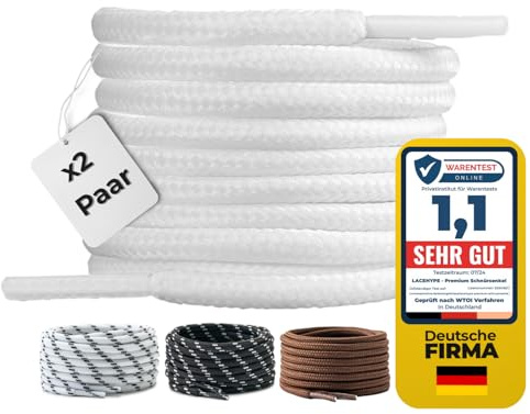 LaceHype 2 par – premium runda skosnören [Ø4,5 mm] polyester för arbetsskor, stövlar, utomhusskor och sportskor slitstarka skosnören, Vit, 140 cm - 2 Paar