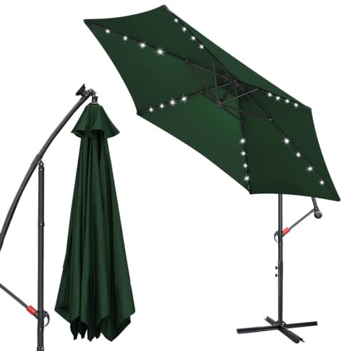 Ansobea Parasol déporté en aluminium Protection UV 40 + avec éclairage LED Solaire Jardin Pavillon Pied Réglable en hauteur Pliable, vert, 3M DE