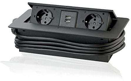 Uttag infällbart 2 Schuko-kontakt/2 USB. Inbyggt uttag med 3 m kabel för kök, kontor. Utrymmesbesparande arrangemang av kortplatser, 250 V AC, IP20, svart, max 3 600 watt