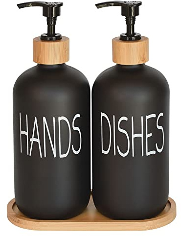 Glass Soap Dispenser Set. Hand and Dish with Bamboo Tray. Vintage Pump for Kitchen Drain Outlet Bathroom. Stylish Permanent Labels (Matte Black)