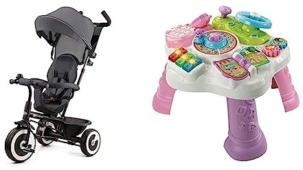 Kinderkraft Aston Dreirad ab 9 Monate bis 25 kg, Kinderdreirad mit schubstange & VTech Baby Abenteuer Spieltisch pink – Bunter Babyspieltisch mit 6 Spielfeldern und interaktiven Elementen – Farben