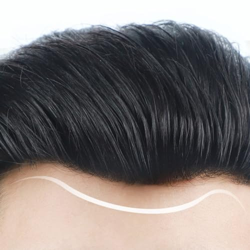 Toupet de ligne de cheveux sur le front pour hommes, cheveux noirs naturels en forme de V, systèmes de remplacement de cheveux humains en PU pour la peau(Black,1.2 * 15CM)