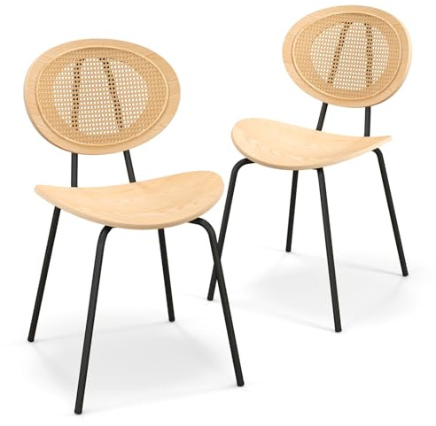 COSTWAY Rattan Dining Chair Set of 2, Upholstered Kitchen Chairs with Mesh Cane Backrest, Metal Legs & Adjustable Foot Pads, Leisure Accent Leisure Chairs for Living Dining Room