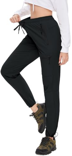SEVEGO Womens Hiking Pants Tall Inseam 34 Athletic Cargo Pants Lightweight 4 Zipper Pockets Water Resistant Elastic Waist, Black, L