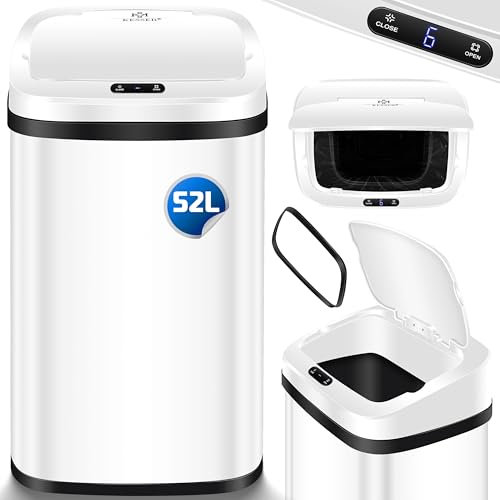KESSER® Pattumiera con sensore da Cucina, Automatica, con sensore di Movimento, con Pannello Touch e sensore, Display LCD, in Acciaio Inox, Bianco - 52 Litri