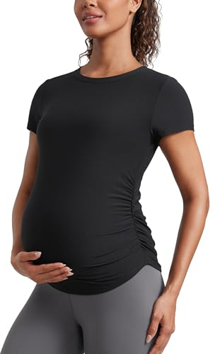 CRZ YOGA Womens Cloudweight Maternity Side Ruched T-Shirt Soft Pregnancy Short Sleeve Workout Casual Athletic Tops Black 10
