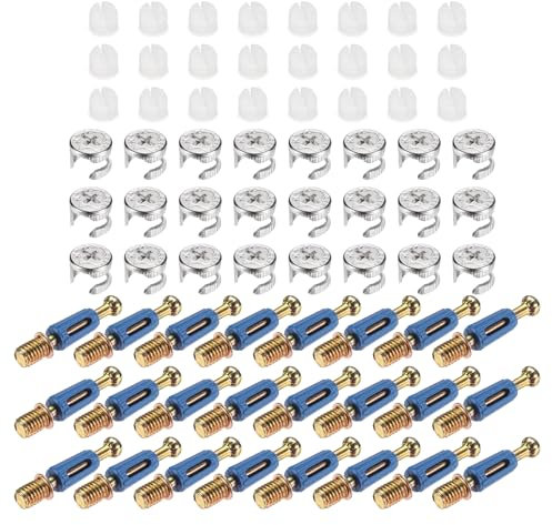 sourcing map 24 Sets Cam Locks for Furniture, 35mm Cam Lock Nut and Screw, 3 in 1 Furniture Connecting Fasteners with Dowel Eccentric Wheels Pre-Inserted Nuts for Cabinet Bookcase, Blue