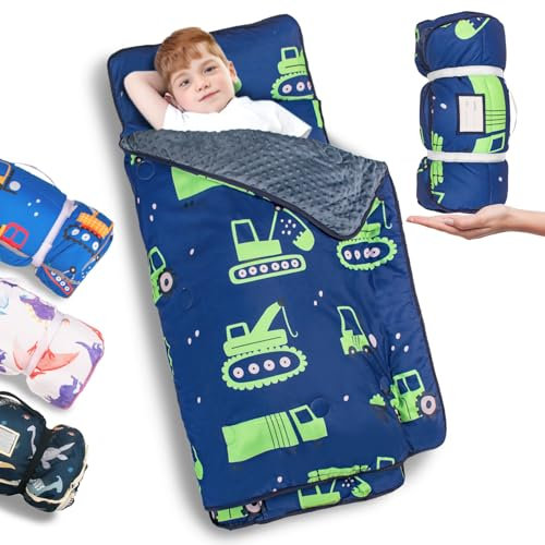 Primlect Thickened Toddler Nap Mat with Removable Pillow and Minky Blanket, Extra Large 55''x35'' Sleeping Bag, Washable, Roll up, Perfect for Daycare, Preschool, Kindergarten, Boys (Excavator)