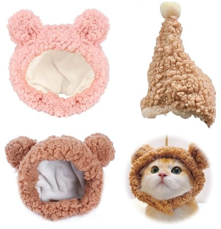 LONGHAO Lot de 3 chapeaux mignons pour animal de compagnie - Bonnet d'ours mignon et chaud pour chat - Avec oreilles de lapin - Réglable - Bonnet d'ours pour chat, chiot et chien (#1)