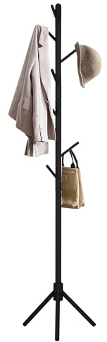 Perchero De Pie Madera de Haya Negro Con 8 Ganchos Estilo Árbol Minimalista | Colgador Ropa Sombreros Bolsos Fácil Montaje | Organizador Entrada Dormitorio Salón Oficina Compacto Estable Ligero