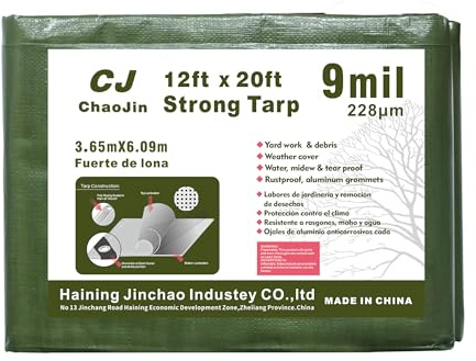 ChaoJin Heavy Duty Tarp Waterproof Outdoor Tarps Multi-Purpose Tear and Rip Proof UV Resistant Green Tarpaulin with Reinforced Grommets and Edges (9 Mil, 12'x20') Military Green