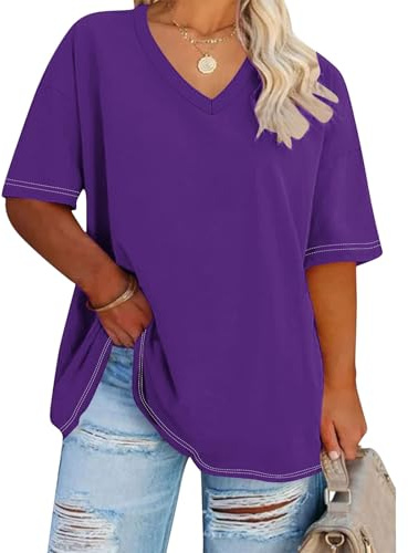Camiseta gordita para mujer, talla grande, manga corta, cuello en V, blusa de verano, monocolor, túnica básica, jersey, camiseta holgada, cómoda, blusnetops, camiseta deportiva, tallas grandes, morado
