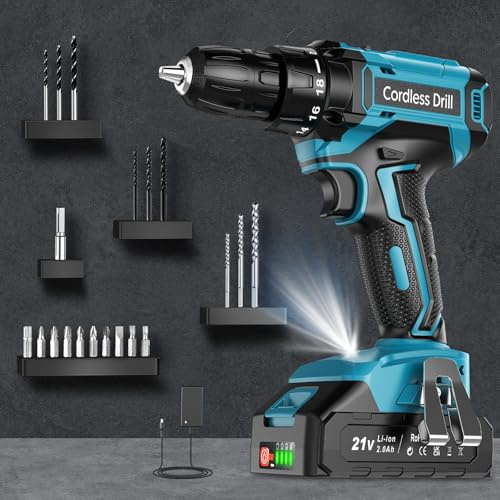 Cordless Drill, LEEIKOO Electric Drill Set 21V with 2.0Ah Battery, Power Drill 42N.m Max Torque, 18+1 Torque Settings, 2 Speed, 20PCS Drill Set, 10mm Chuck & LED Light for Home & Garden DIY