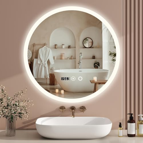 YU YUSING Miroir de Salle de Bain LED Rond 50 cm avec éclairage, 3 Couleurs de lumière réglables, Miroir Mural avec Interrupteur Tactile, Anti-buée, Fonction minuterie IP44