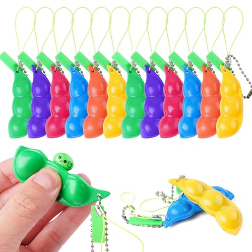 AIBAOBAO 12 stycken fidget toys böna färgglada anti-stress leksaker bönor squishy ärtkapsel klämma leksak roliga klämbönor hänge nyckelring, stressleksak för ångestdämpande, festgåvor