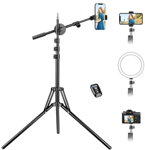 Nineigh Tripode para Movil, 216cm Tripode Alto Portátil con Rotación de 360° Brazo Extensible y Mando a Distancia, Plegable iPhone Tripod para Transmisión en Directo,Pintura y Grabación de Video