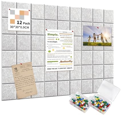 AsmeSonic Grande Planche en Liège Adhésive 120x90cm, 12 Tableaux d'Affichage Feutre 30x30cm avec 70 Épingles, Tableau Vision Adhésif pour Bureau Cuisine, Décor Murain Photos Mémos, Argent