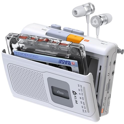 KLIM K8 Cassette Tape Player Portable - Cassette Recorder - NEW Version - AM/FM - Built-in Microphone & Speaker - Headphone Jack & Earphones - White