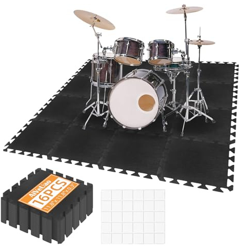 AiVeUao 16Pcs Sound Absorbing Interlocking Floor Mats, 11 x 11 x 0.3 Inch High Density Piano Carpet Drum Rug, Non-Slip Anti Vibration Soundproof Pads, Black