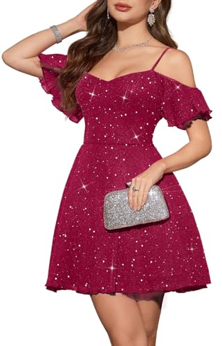 Meetjen Prom Dresses for Women Sparkly Tulle Fancy Cocktail Modest Flowy Off The Shoulder Sequin Short Homecoming Dress Burgundy S