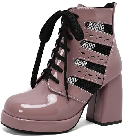 LarDorLin Cordones Charol Botas Cortas Mujer Punta Rojoonda Verano Chunky Tacón Ancho Military Moda Plataforma Botín Purpura Talla 36 EU