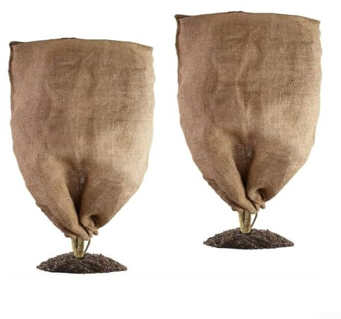 Lot de 2 housses réutilisables en toile de jute pour plantes de 81,3 x 101,6 cm, sacs de protection contre le gel pour l'hiver, protègent les arbres et les plantes en pot des températures glaciales et