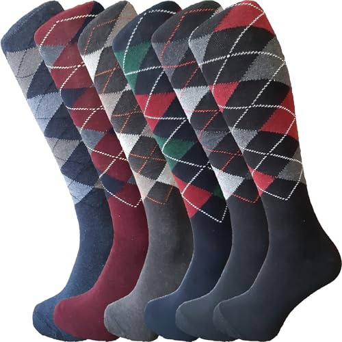 ZombaFlo Mens Knee High Socks - Breathable & Cotton Rich Everyday Long Socks Mens | Argyle Design Long Socks 6-11 UK (Argyle 6 Pairs)