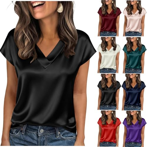 Chemisier Femme Satin à Manches Courtes Blouse Col en V Chic et Élégant Soie Shirts Décontracté en Uni Tshirt Mode Vetement Été AUT Fluide Tunique Business Top