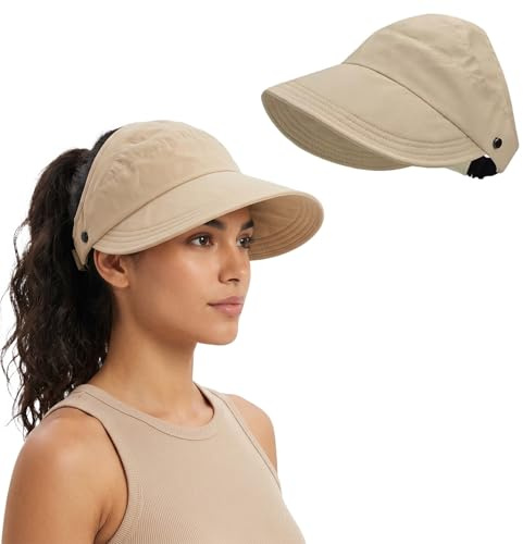 ZUWIJEQ Visera Mujer UPF50+ Sombrero de Sol Plegable, viseras para mujer,Gorra Deportiva Transpirable con Protección UV para Playa, Running y Ciclismo, gorras y sombreros protección uv,Ajustable,Caqui