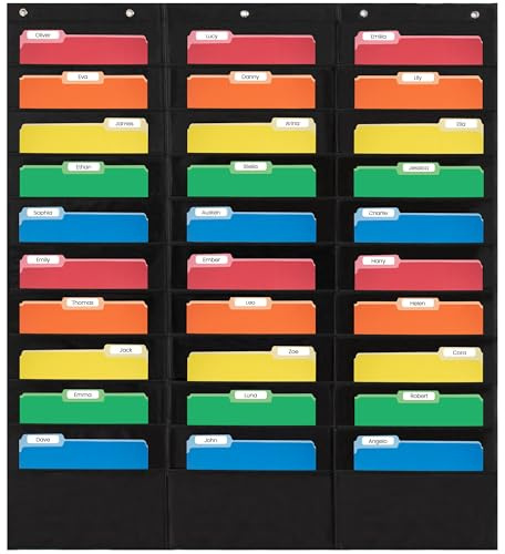 Essex Wares - 30 Pocket File Pocket Chart, Black, 42 Wide x 47 Tall - Versatile Wall Hanging File Folder Organizer for Classroom, Office, Home, and More - Wall Folder Organizer - 30 Pockets