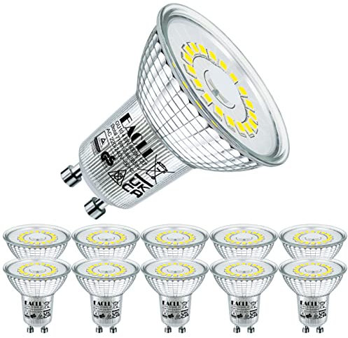 EACLL GU10 LED Kaltweiss 4.8W Ersetzt 75W Halogen Leuchtmittel, 10er-Pack. 585 Lumen 6000K Birnen, AC 230V Flimmerfrei Strahler, Abstrahlwinkel 120° Spot, Nicht Dimmbar Reflektorlampen