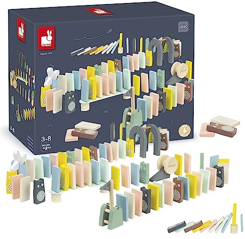 Janod - Dominos de Madera Sweet Cocoon - Juguete de Estímulo para Bebés - Juego de Habilidad - Motricidad Fina y Concentración - Pintura al Agua - Desde 3 Años, J04404
