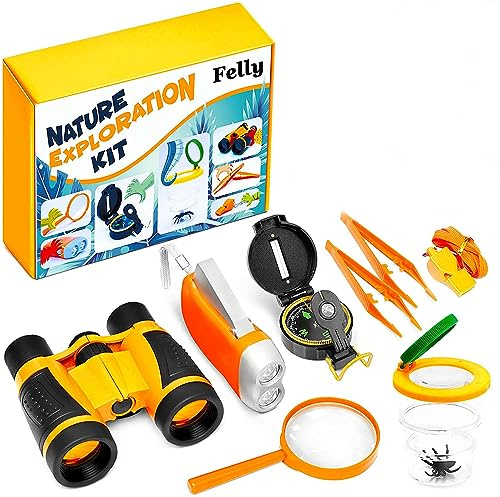 Felly Juguetes de exploración, 10 Piezas Kit de Binoculares para Niños, Juegos niños 4 5 6 7 8 9 años Educativos Regalo de Cumpleaños para Niños con Mochila Brújula Binoculars