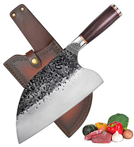 Coltello da chef cinese professionale, coltello da macellaio, coltello da cucina, lama da 20 cm, per bushcraft, campeggio, verdure, disossamento, coltello da tritare con fodero in pelle