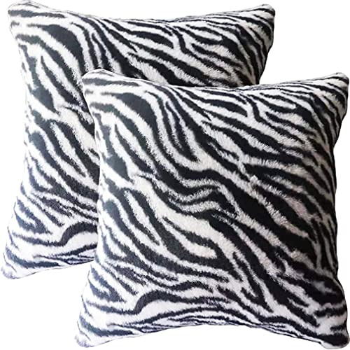 Entua Faux Fur Pillow Covers Cases, Wild Animal Zebra Skin Print Throw Pillow Cover Luxe Soft Double Sided, Black White Decorative Pillowcases for Sofa 18 x 18 in Set of 2