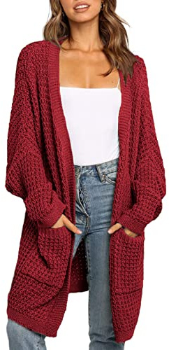Maavoki Cárdigan largo de punto para mujer, de manga larga, informal, para otoño, con bolsillo, Z-rojo., M
