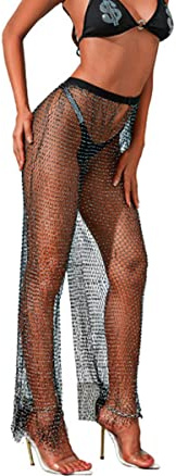 LUMoony Donne Pantaloni a rete con Pietre di Strass Colpo Pantaloni in Maglia Trasparente Hollow Parti inferiori Strass Pantaloni a rete di Cristallo Pantaloni a Vita Alta Leggings