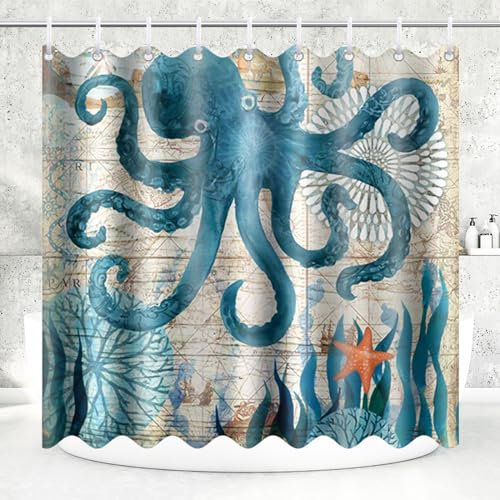 180x200CM Rideau de Douche Polyester Anti Moisissure Lavable Imperméable Tissu Motif de pieuvre, Rideaux de Douche avec 12 Crochets en C pour Salle de Bain Domicile Baignoire Famille Hôtel PZ-0179