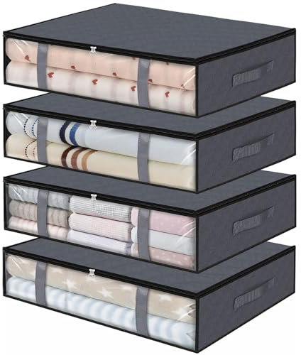 YTOPRO 4 Pack Underbed Storage Bags,Clothes Storage Bag Wardrobe Storage Organiser, Under Bed Storage Box with Zips and Handles for Clothes Blankets Shoes,40L,Grey