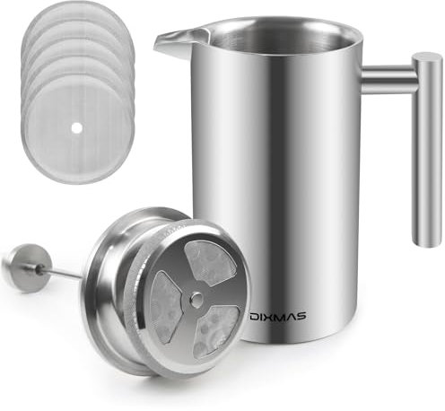 Dixmas Cafetière à Piston 1L Inox Isotherme avec 5 filtres de Rechange en Acier French Press 8 Tasses 1000ml