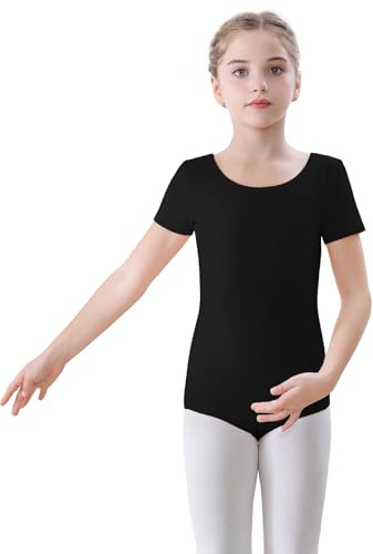 FONLAM Balettkläder, gymnastikdräkt för flickor, kortärmad baletttröja, gymnastikdräkt, dansbody, bomull, barn, svart, 150